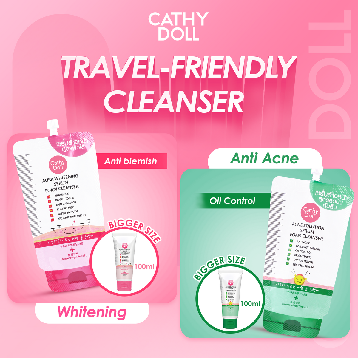 Cathy Doll Acne Solution Serum Foam Cleanser and Aura Whitening Serum Foam Cleanser 12ml