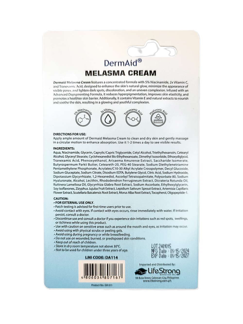 Dermaid Melasma Cream Serum 10g 5% Niacinamide 2x Vitamin C, and Tranexamic Acid